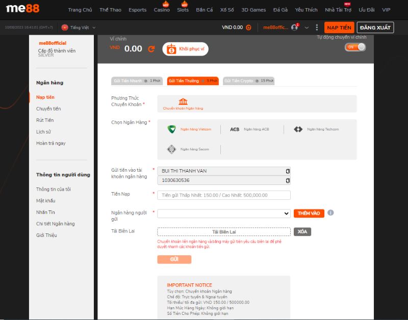 Cách nạp tiền Me88 đầy đủ, chi tiết