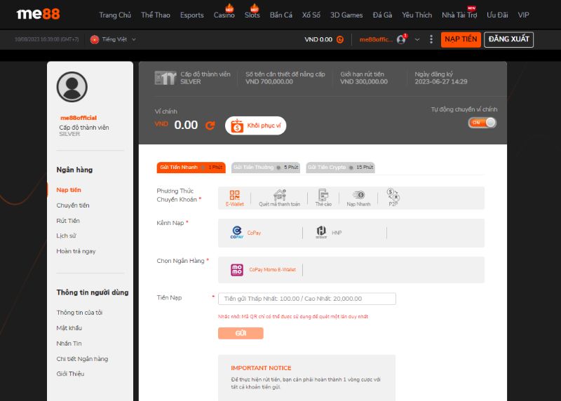 Các phương thức nạp tiền Me88 phổ biến