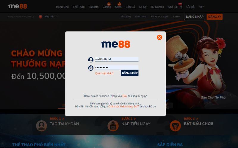 Hướng dẫn đăng nhập tài khoản nhà cái me88 Bet chi tiết