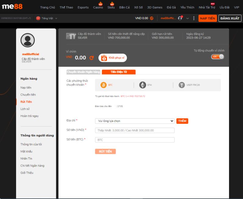 Hướng dẫn rút tiền ME88 qua Crypto