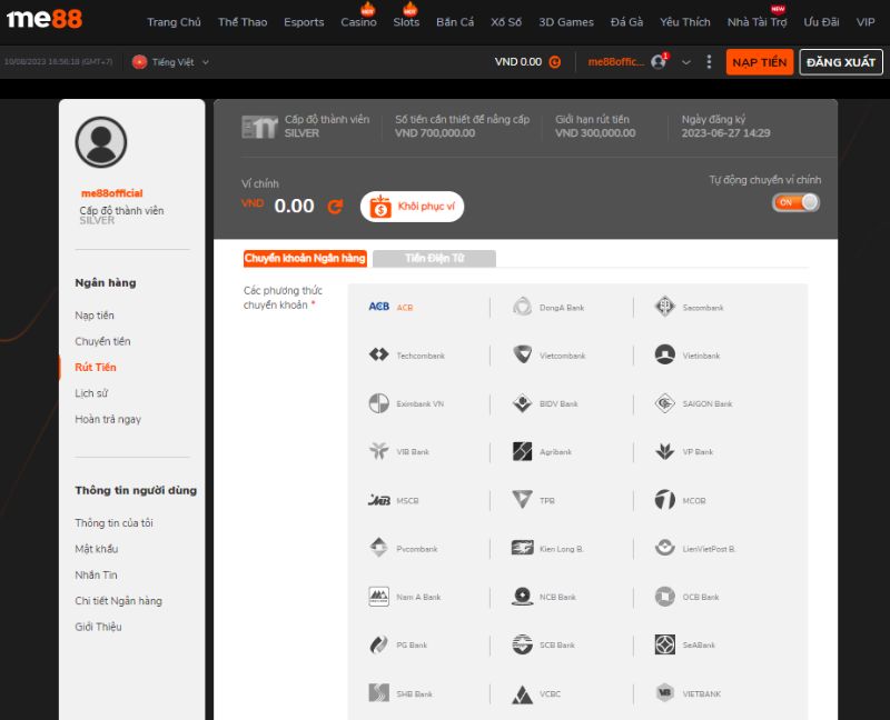 Hướng dẫn rút tiền me88bet thông qua tài khoản ngân hàng